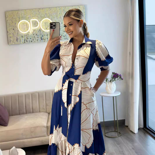High Waist Temperament Shirt Printed Maxi Dresses