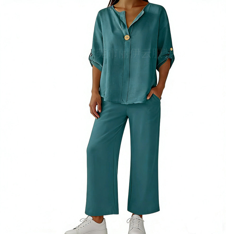Women's Two-piece Simple Solid Color Sleeve Trousers Fashion Casual Suit