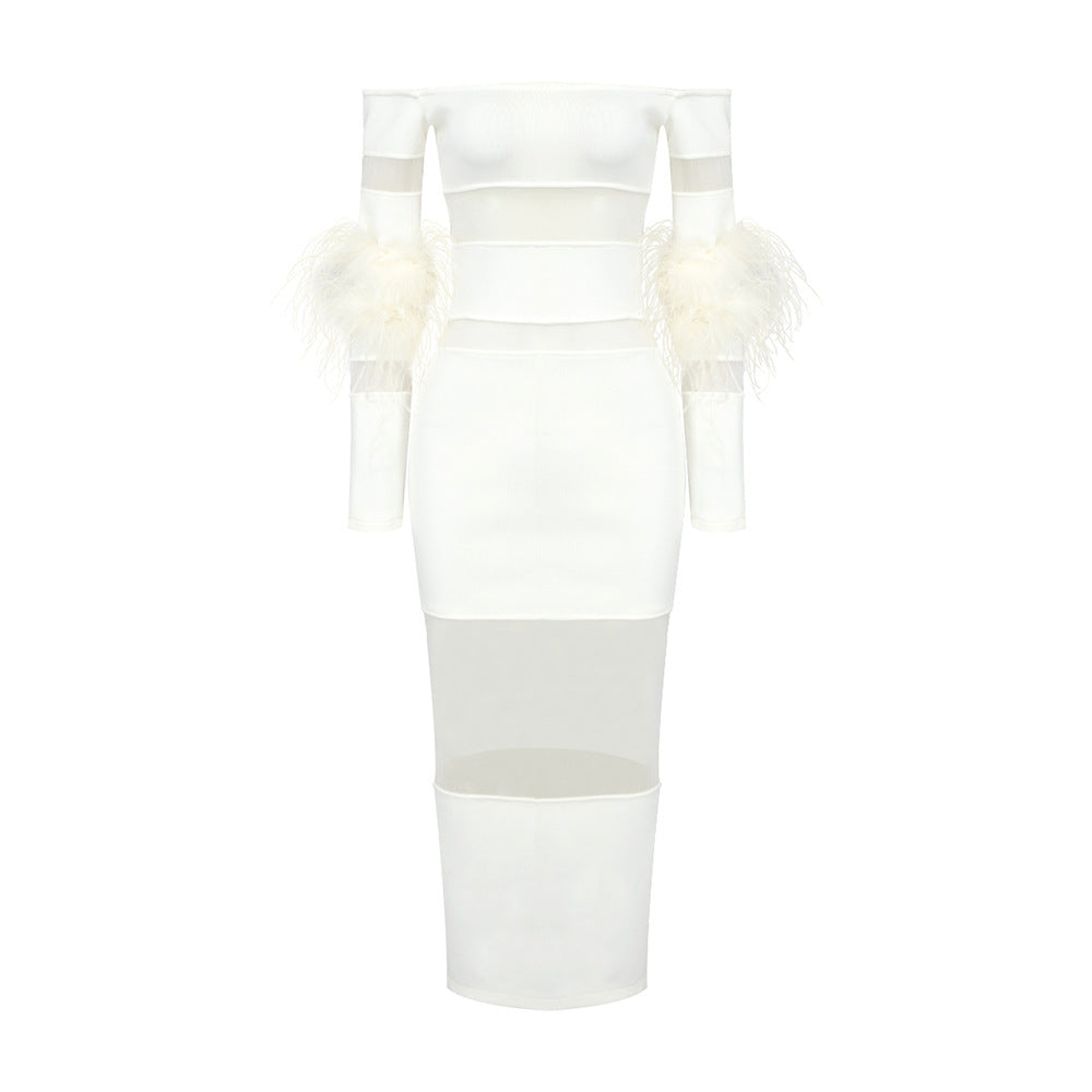 Women's Mesh Feather Sleeve White Dress Long Dresses
