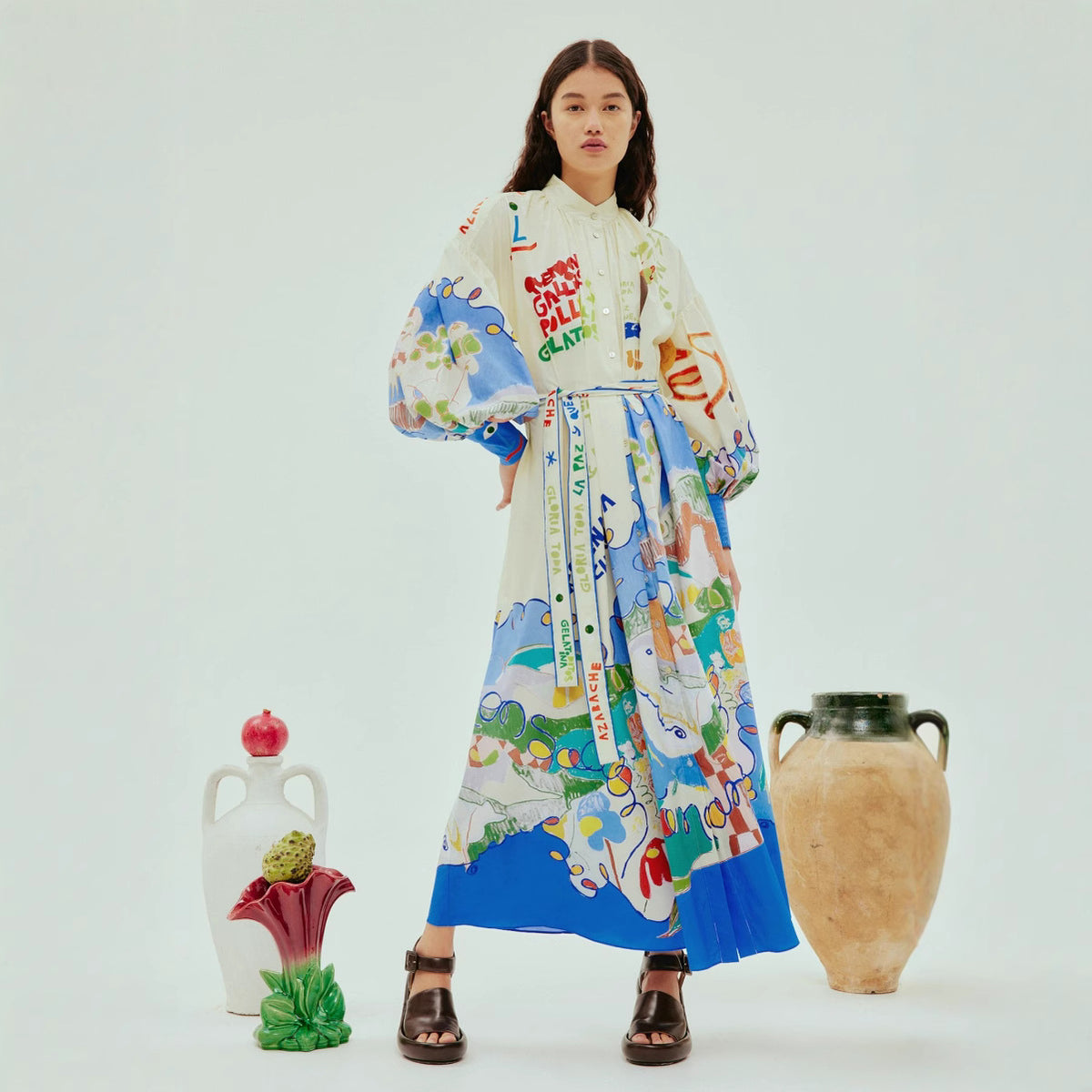 Single-breasted Long Lantern Sleeve Iti Printing Dress