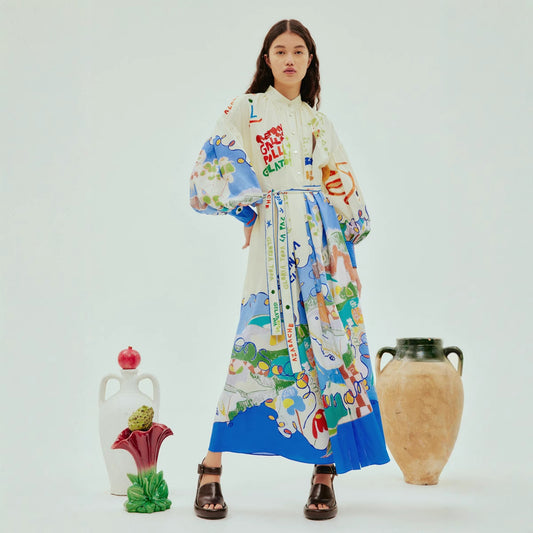 Single-breasted Long Lantern Sleeve Iti Printing Dress