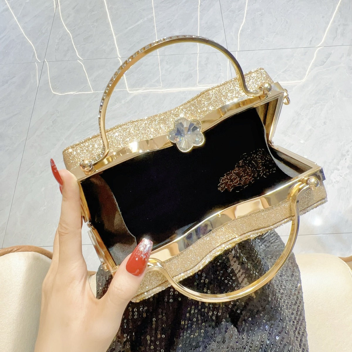 Women's Glamorous Diamond Shiny Banquet Dress Tote Bags