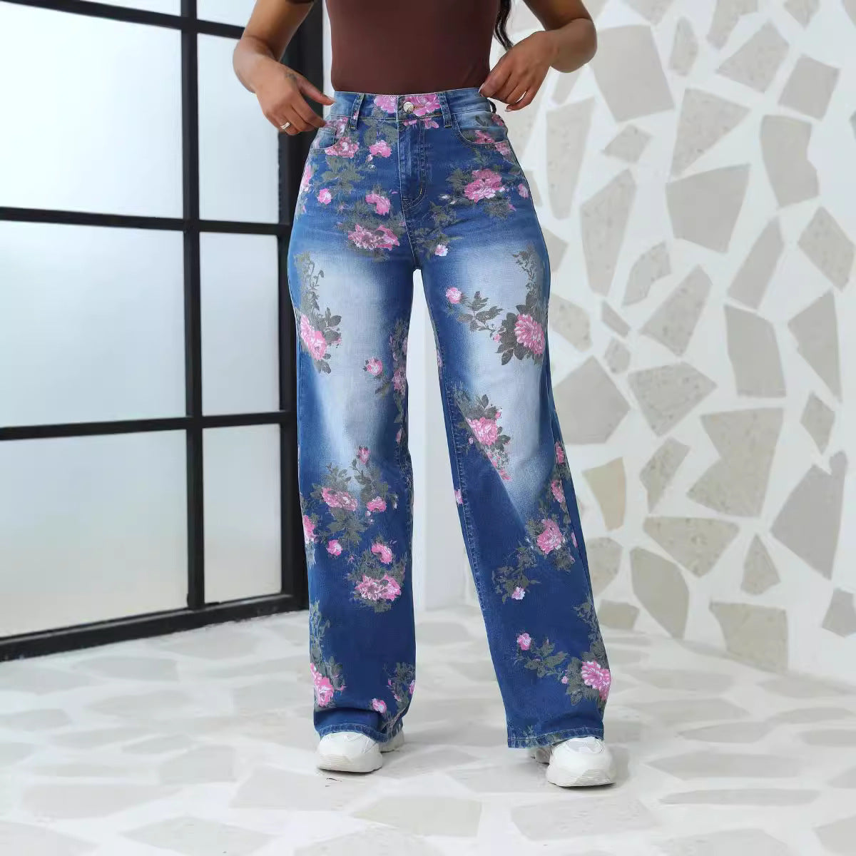 Waist Stretch Vintage Random Print Loose Wide Jeans