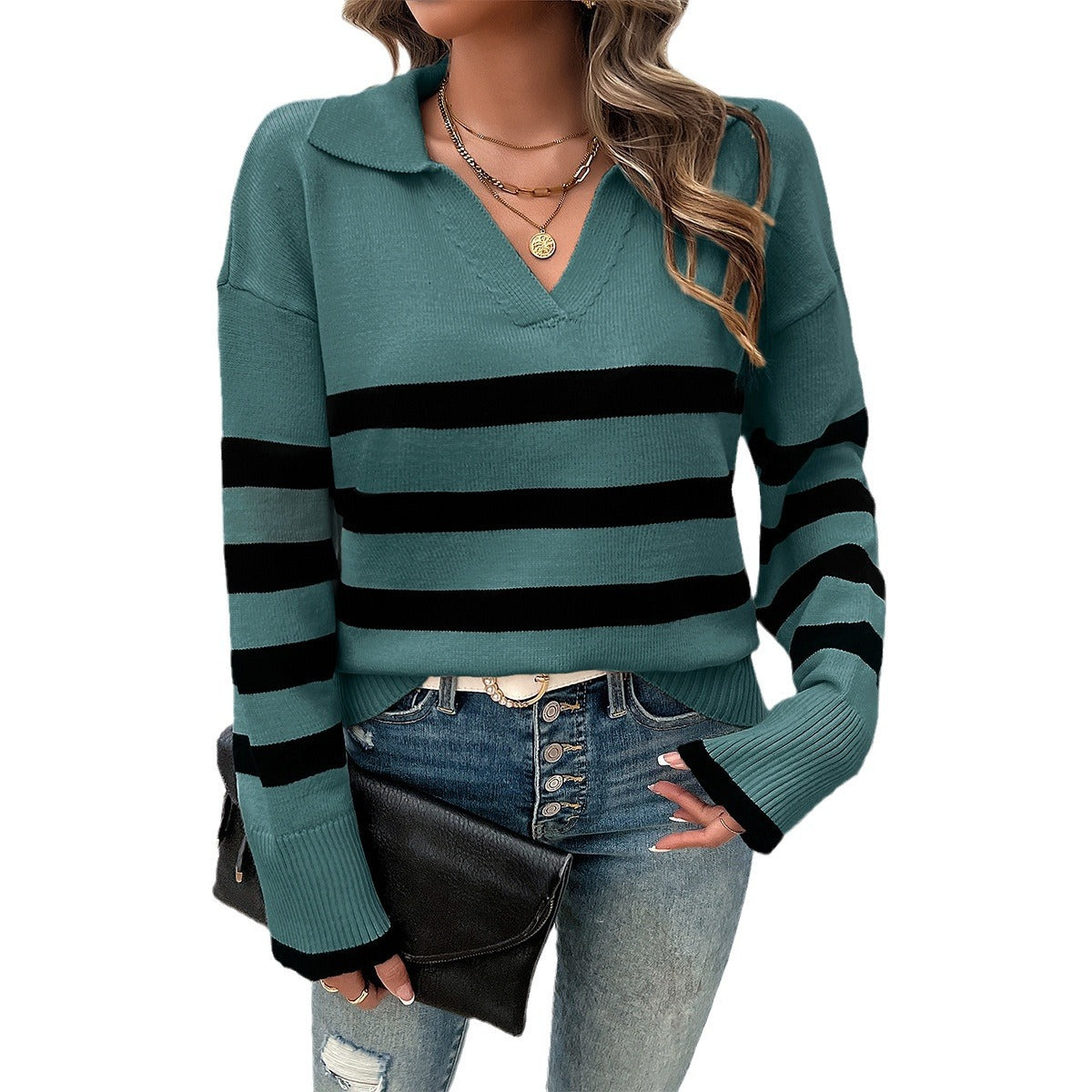 Women's Casual Loose Striped Contrast Color Lapels Sweaters