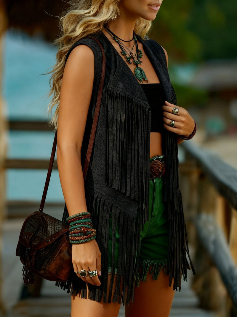 Women's Thick Tassel Suede Loose Baggy Slim Vests
