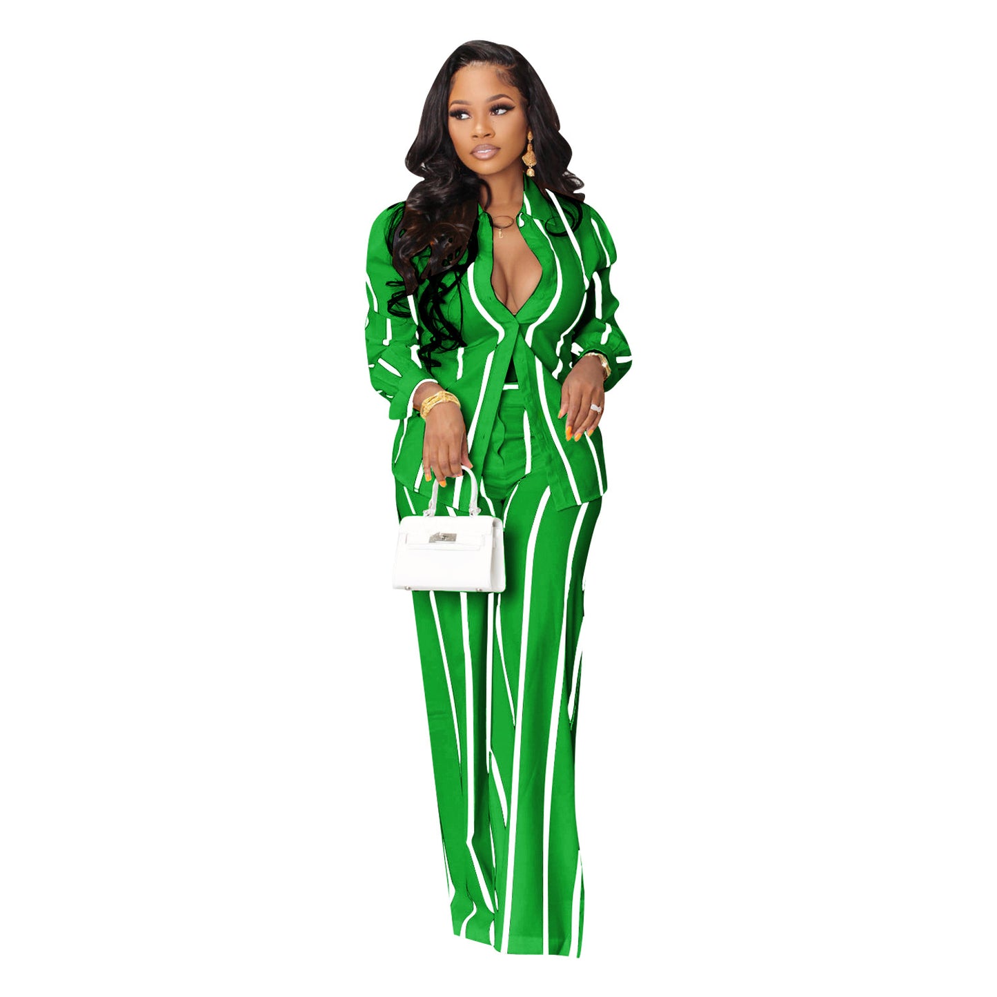 Women's Striped Shirt Outfit Two-piece Long Sleeve Suits