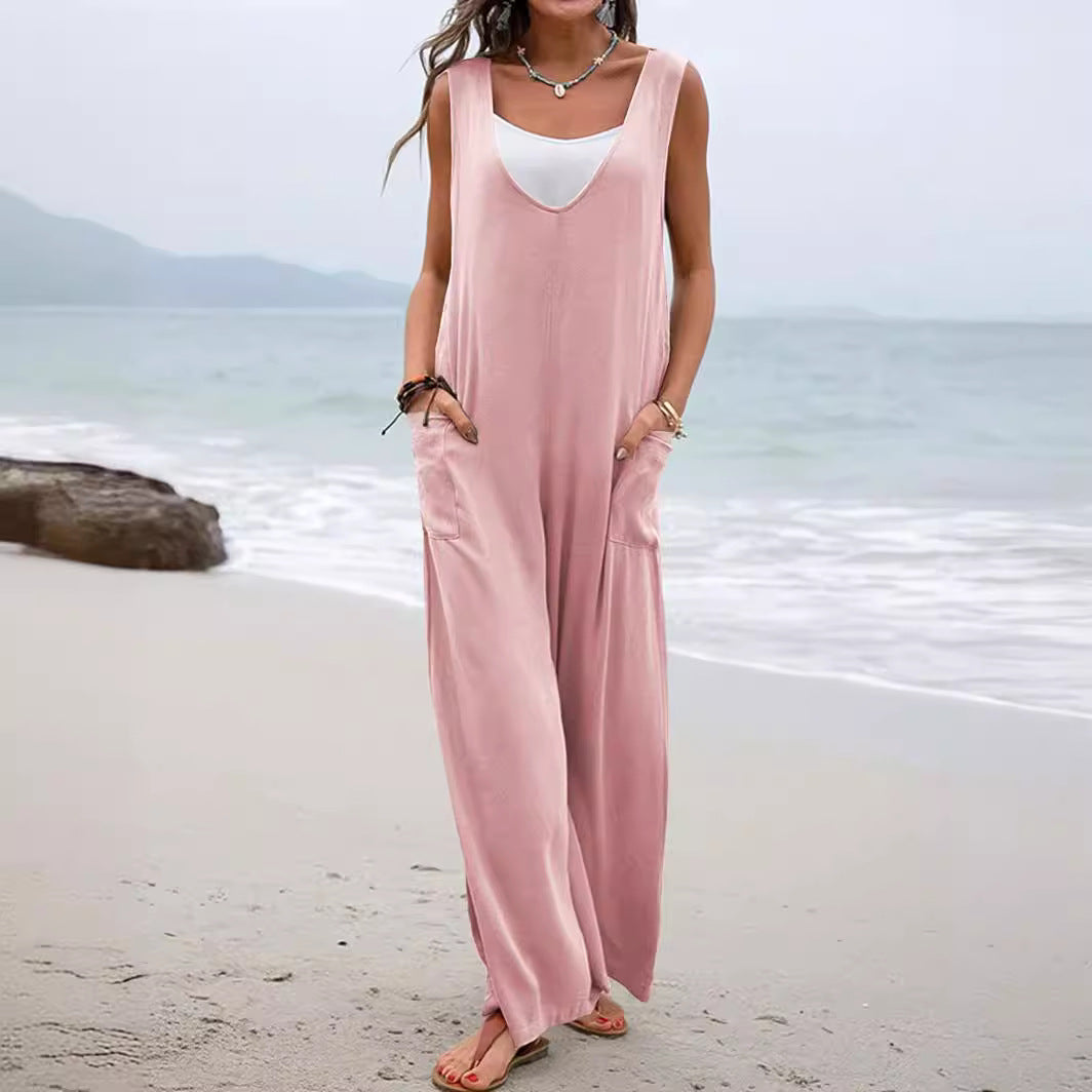 Women's Fashion Pure Color Stickers Bags Suspender Pants