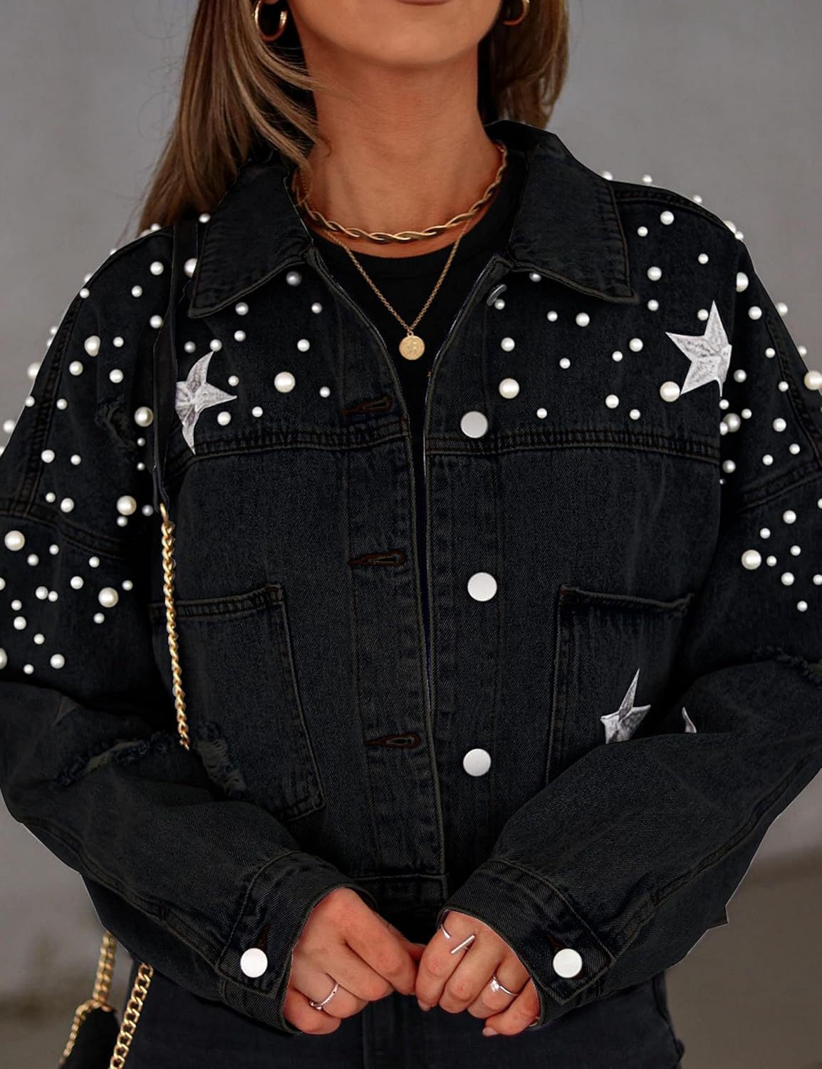 Women's Beaded Denim Ripped Embroidery Loose Jackets