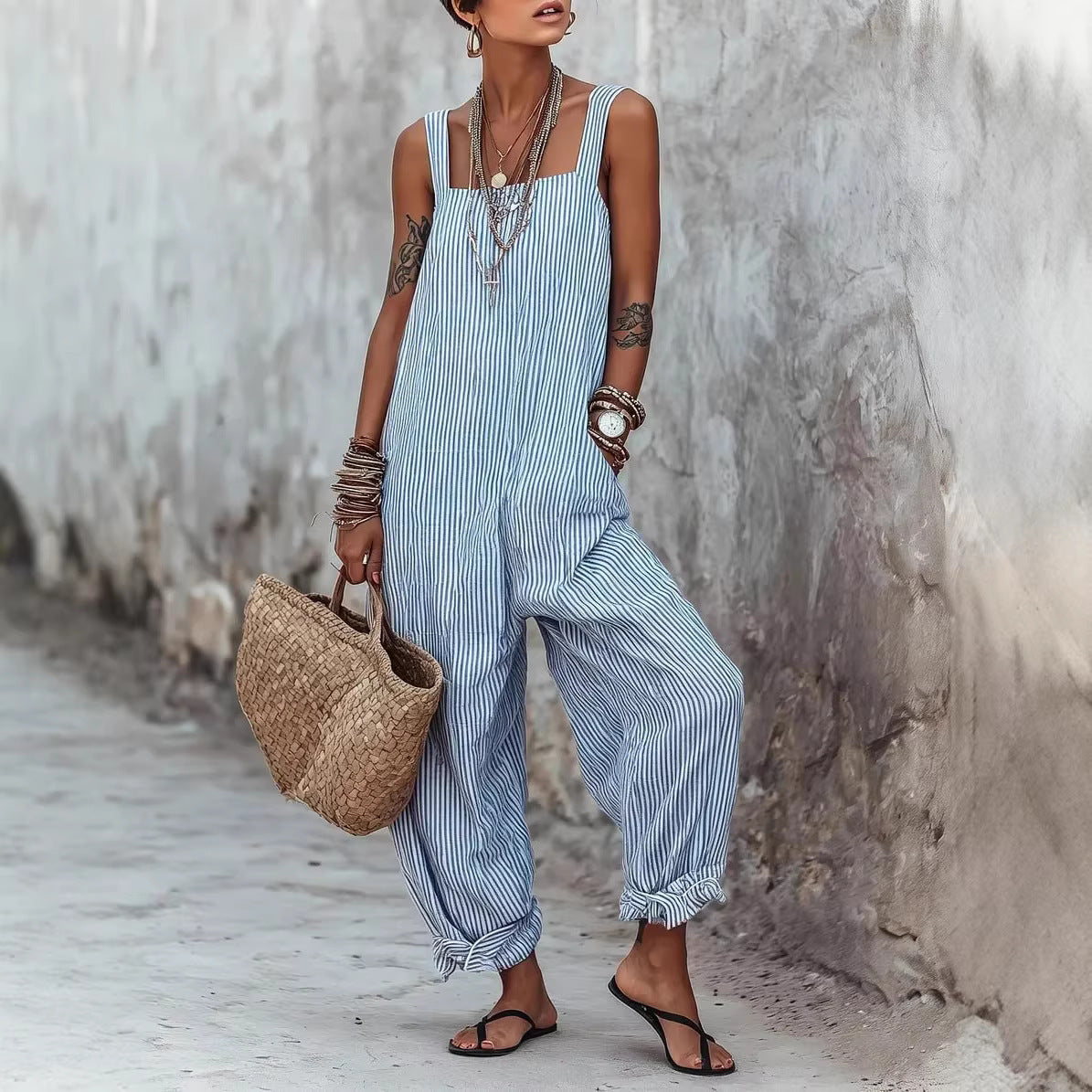 Women's Sleeveless Striped Print Loose Casual Women's Jumpsuit/clothing
