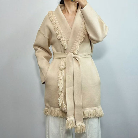 Tassel Mid-length Wool Blending Loose Retro Sweaters