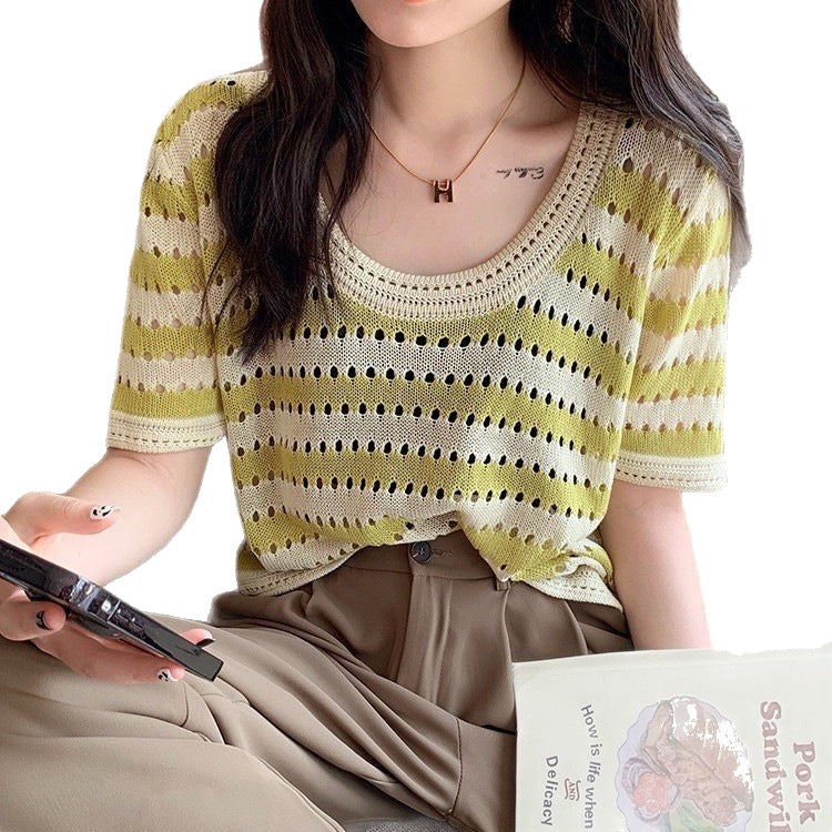Women's Thin Hollow Loose Striped Summer Design Women's T-shirt