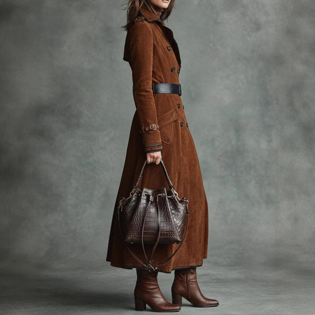 Women's Lapel Western Style Suede Long Trench Coats