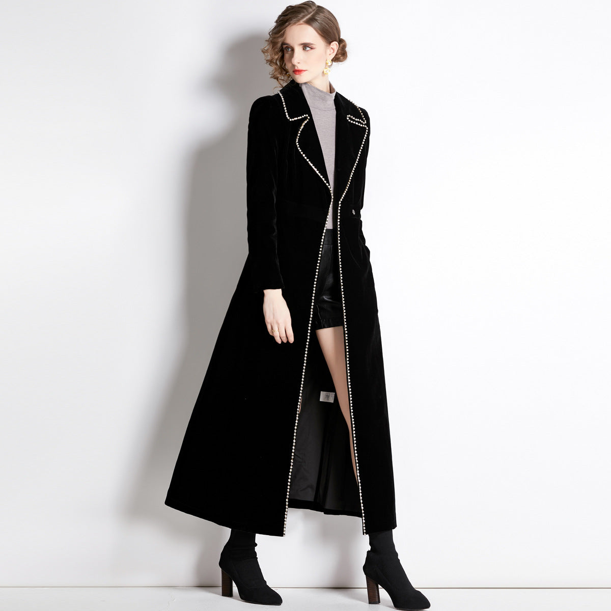 Women's Black Beaded Veet Trench Waist Slimming Coats