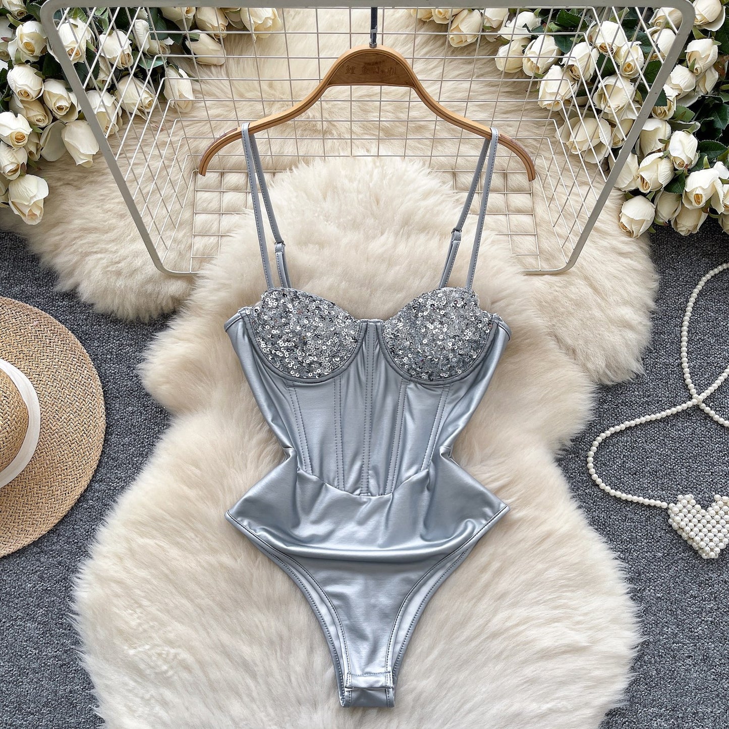 Street Bronzing Leather Satin Sequined Sling Sexy Backless Fishbone Steel Jumpsuits