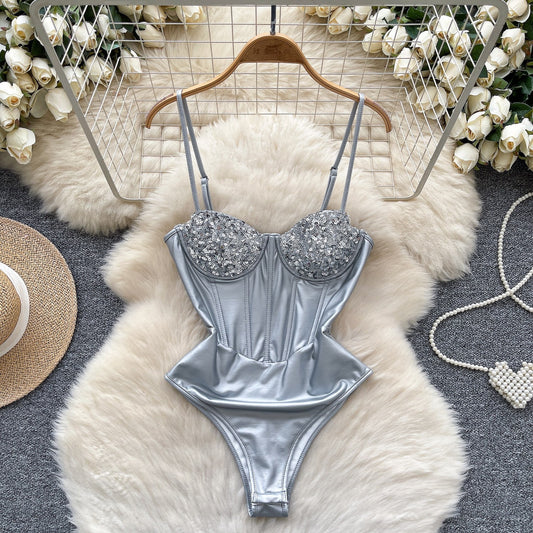 Street Bronzing Leather Satin Sequined Sling Sexy Backless Fishbone Steel Jumpsuits