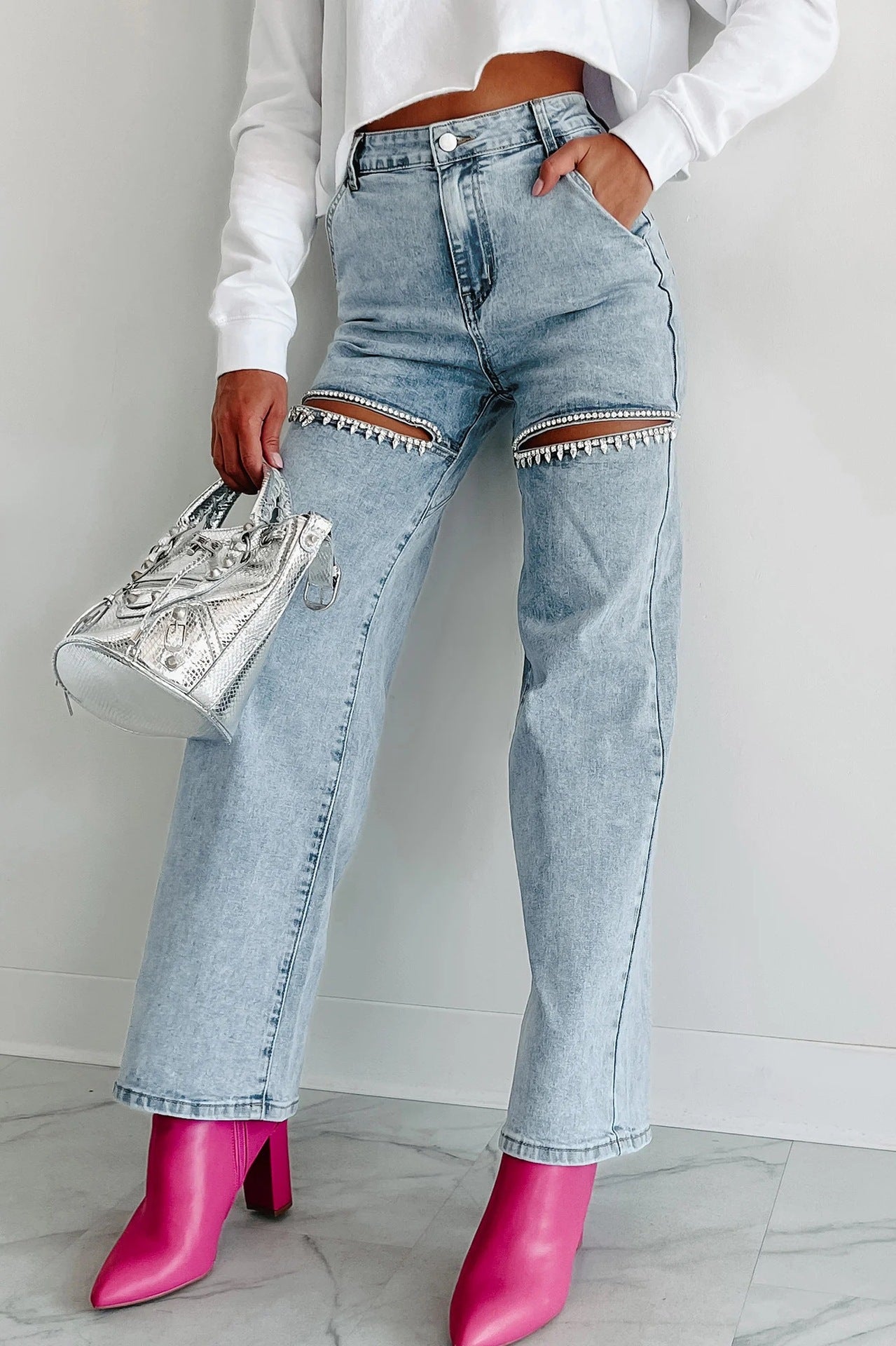 Women's Chain Ripped Straight Washed Fashion High Jeans
