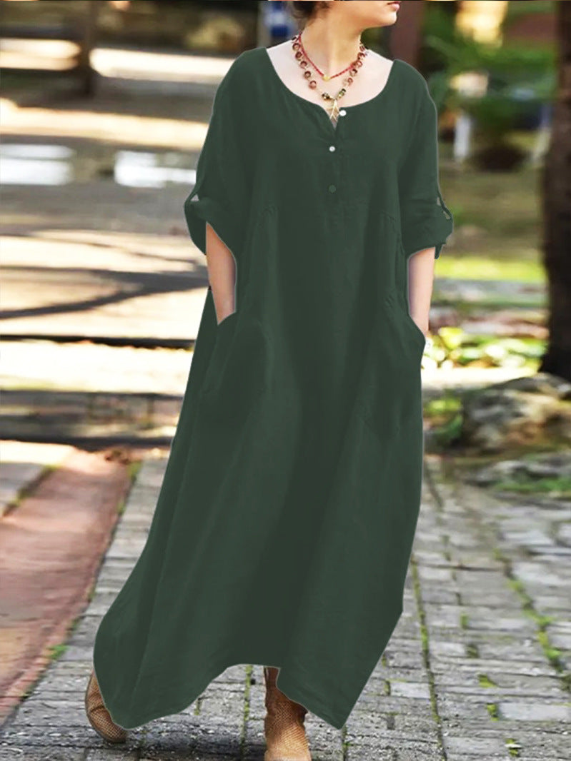 Women's Casual Loose Long Sleeve Pocket Party Cotton Linen Dress