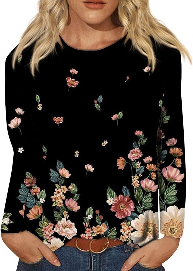 Women's Round Neck Long Sleeve Loose Print Tops