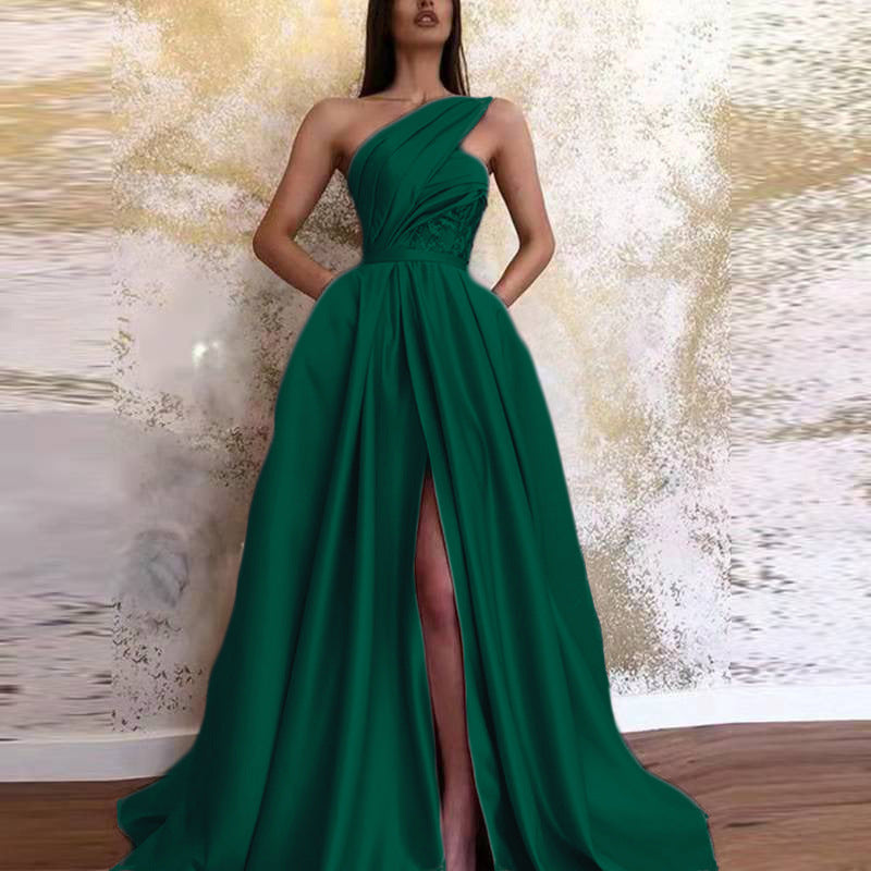 Women's Spring Sexy Slit Sloping Shoulder Dress Wedding Dresses