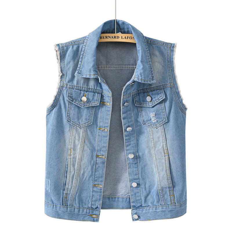 Women's Light-colored Denim Slimming Burr Sleeveless Waistcoat Women's Vest