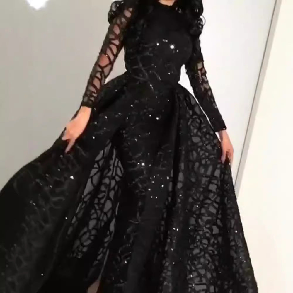 Women's Long Sleeve Sequined Large Swing Dress Wedding Dresses