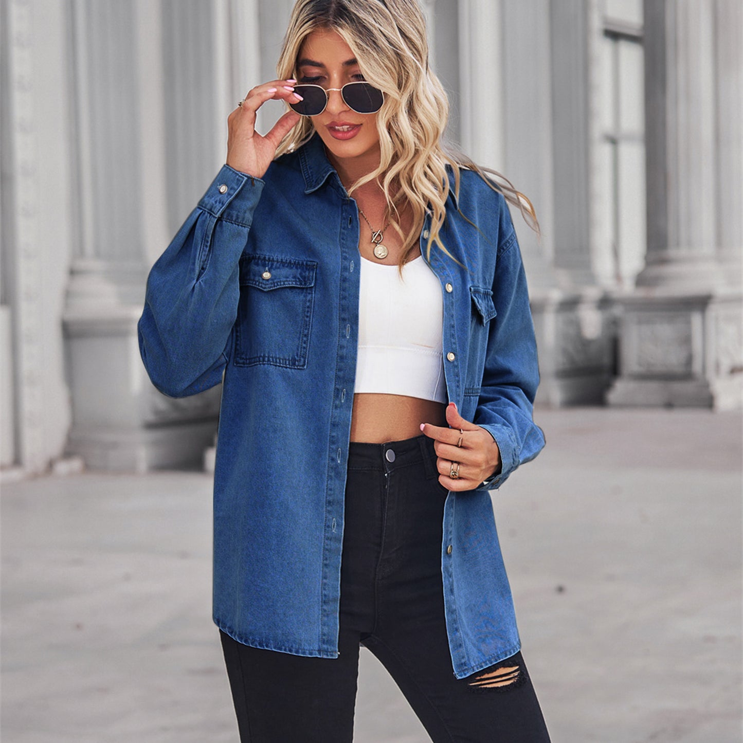 Women's Color Figure Flattering Thin Denim Long Blouses