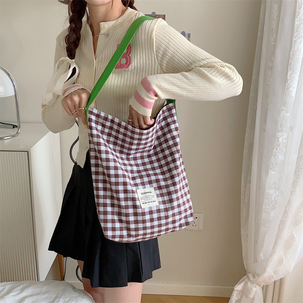 Canvas Female Check One College Art Shoulder Bags