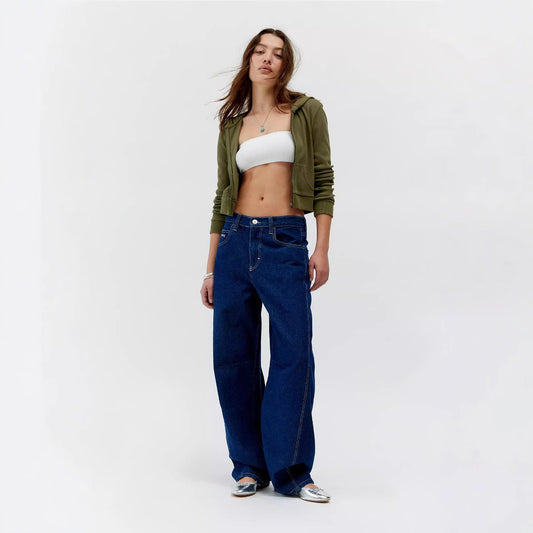 Women's Retro Washed Blue Low Waist Slimming Loose Jeans