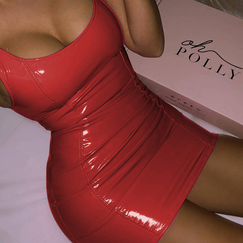 Nightclub Party Sexy Sleeveless Sheath Imitation Leather Zipper High Elastic Skirts