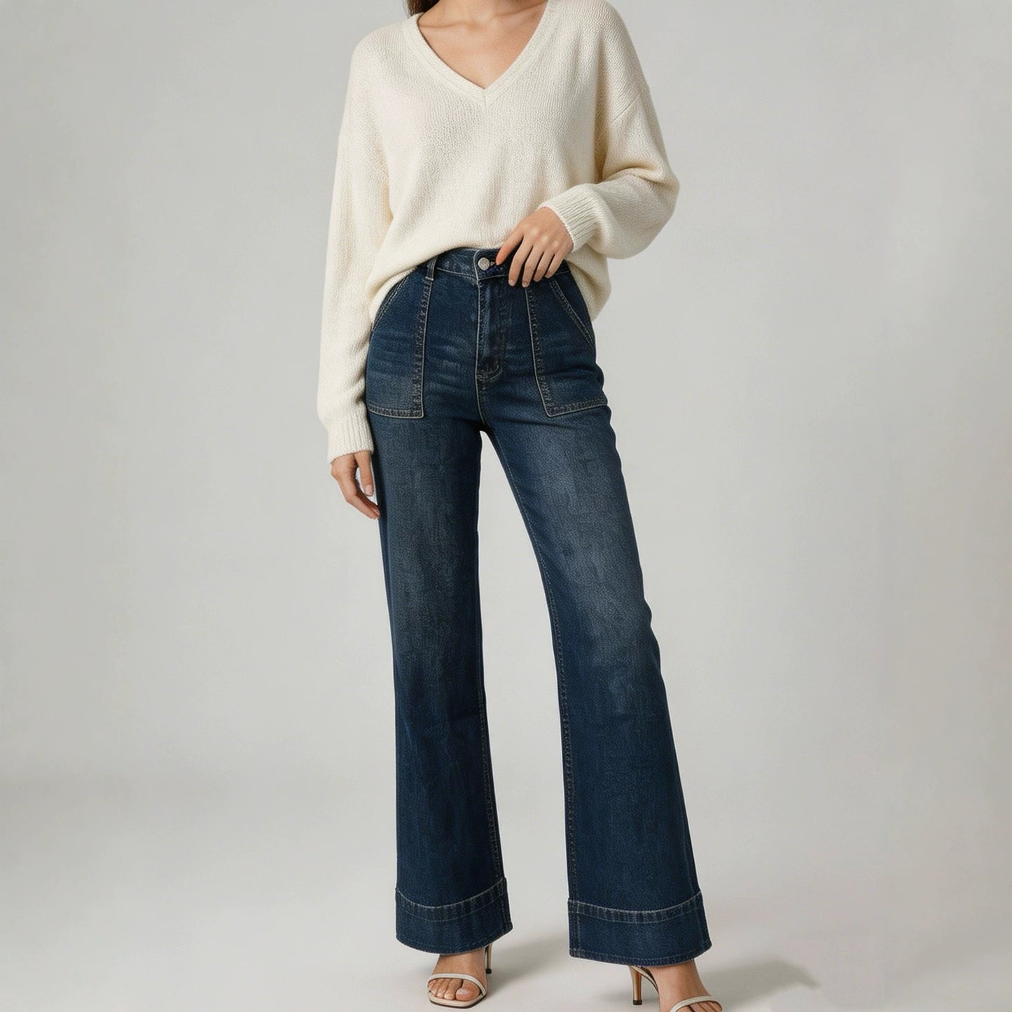 Women's Waist Wide Leg Leisure Loose Washed-out Women's Jeans