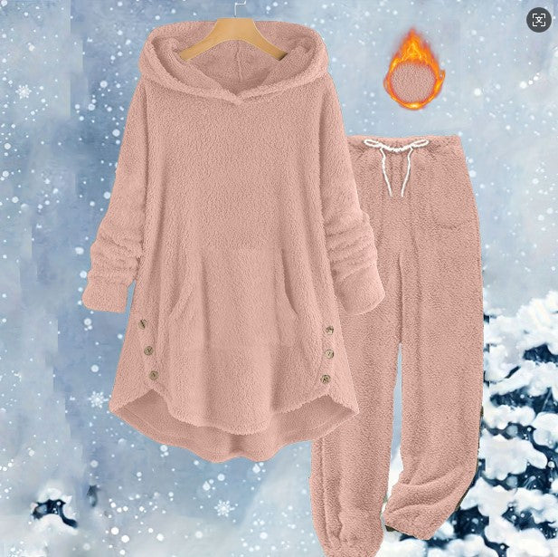 Women's Casual Solid Color Plush Hooded Long Sleeve Suits