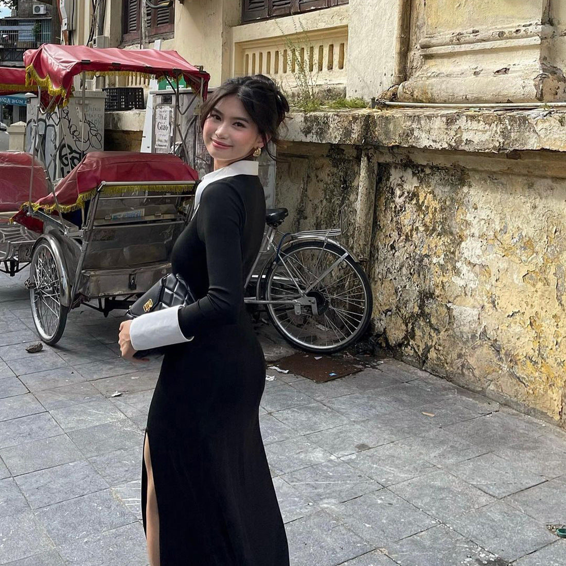 Women's French Style Temperament Contrast Color Slim High Dresses