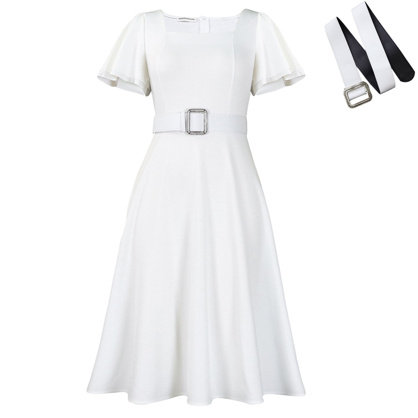 Women's Fashion Flared Sleeves Square Collar High Waist Pure Dress
