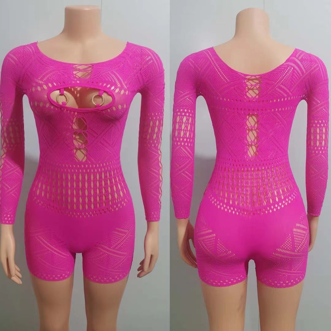 Women's Hollow Out Lace High Waist Tight Knitted Women's Jumpsuit/clothing