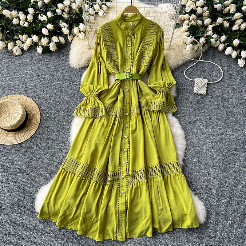 Women's Dress Stand-up Collar Flared Sleeves Waist Single-breasted Dresses