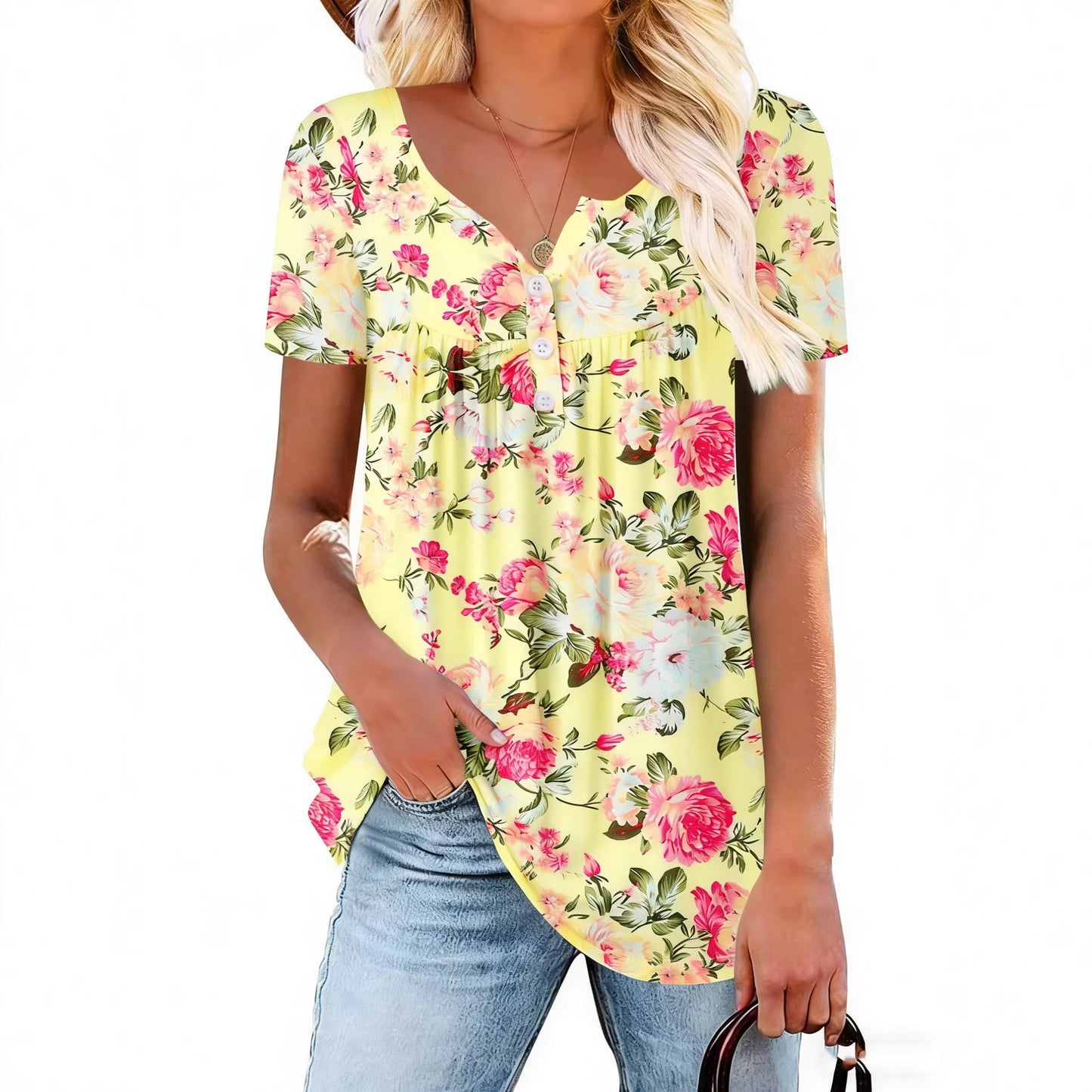 Women's Summer Fashion Button Flower Printed Short-sleeved Tops
