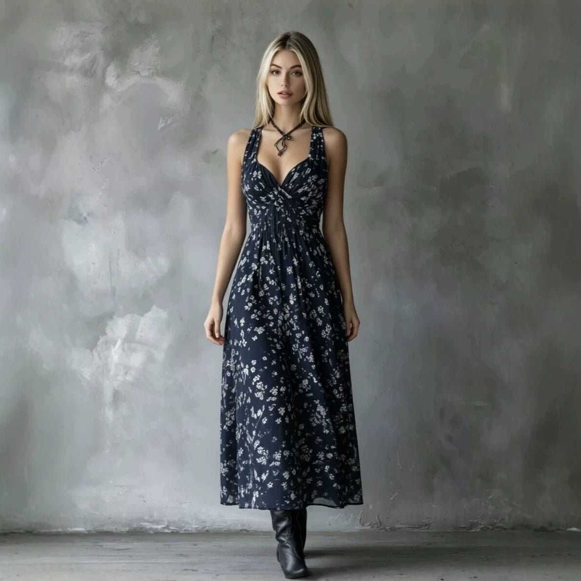 Halter Floral Slimming Vacation Style Midi Dress