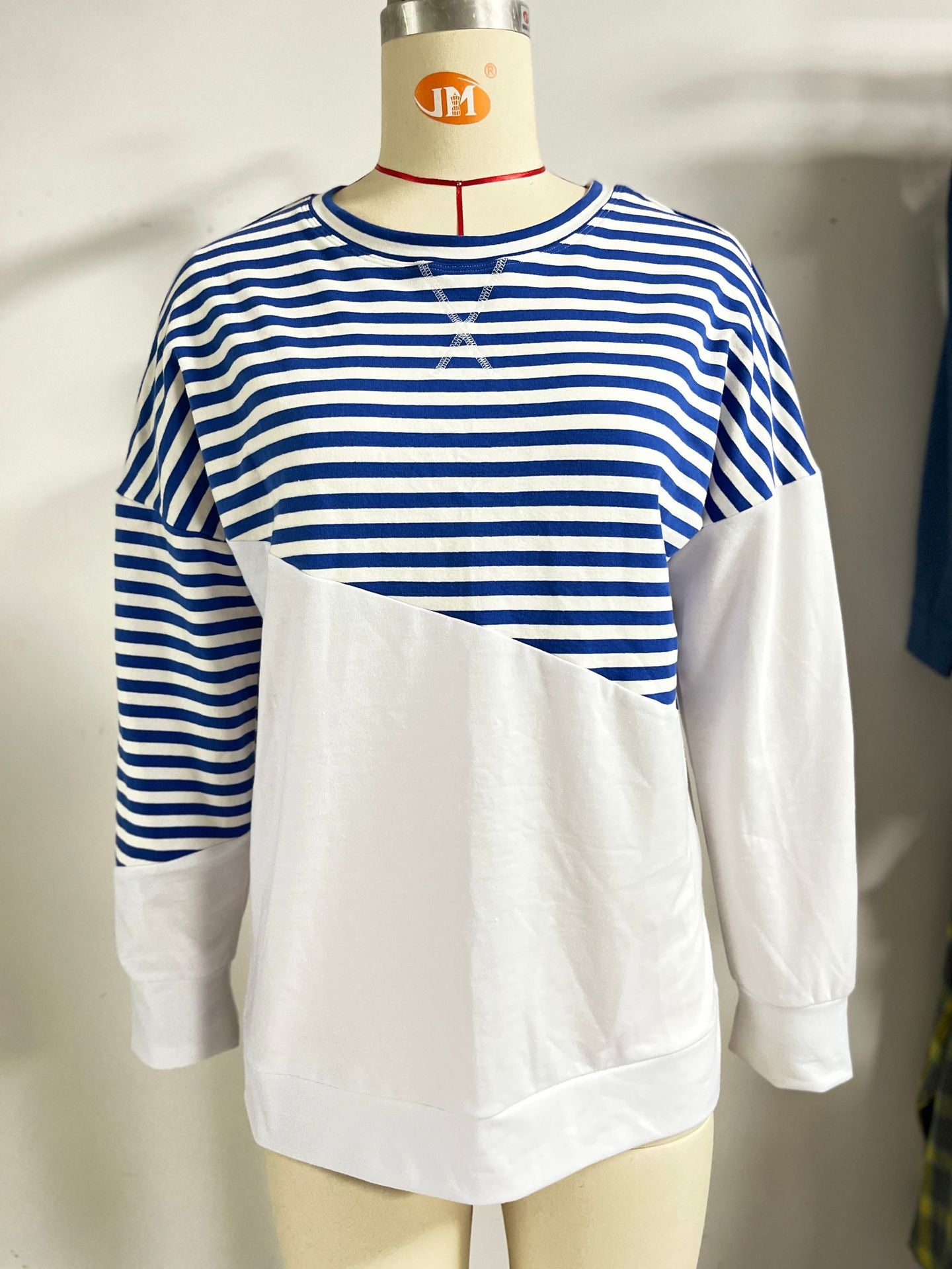 Women's Color Round Neck Contrast Striped Long Coats
