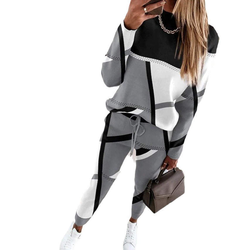 Women's Two-piece Printing Color Contrast Long Sleeve Suits