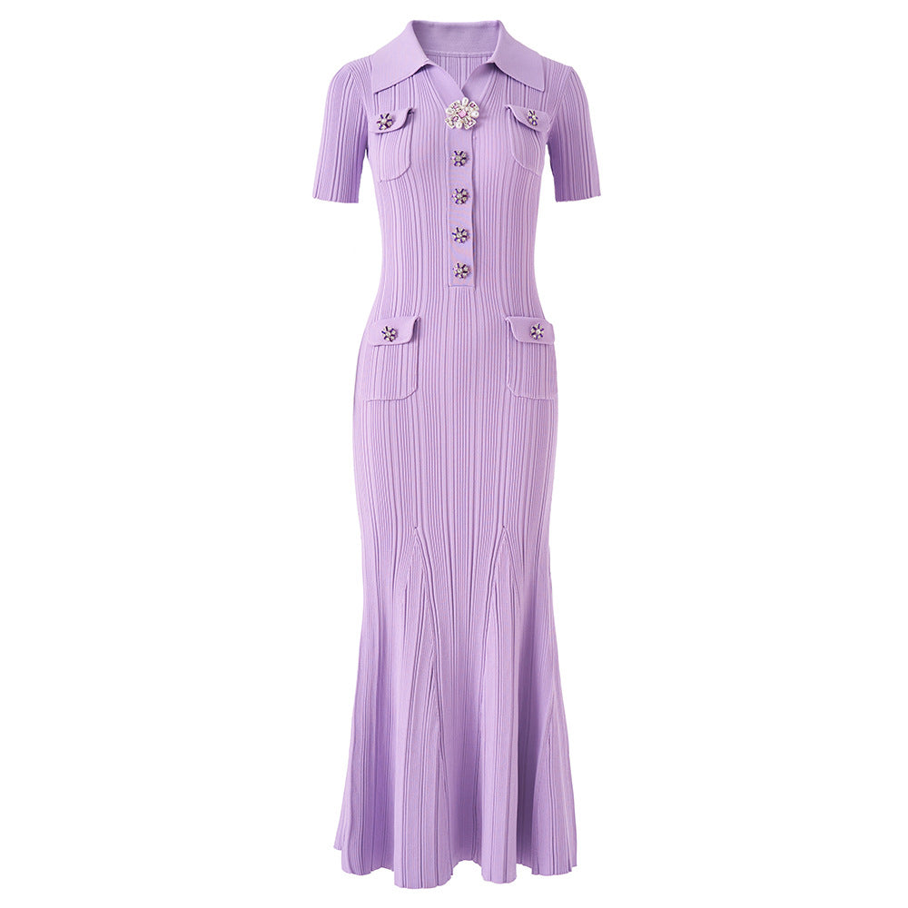 High Quality Purple Collar Drill Buckle Slim Fit Slimming Dresses