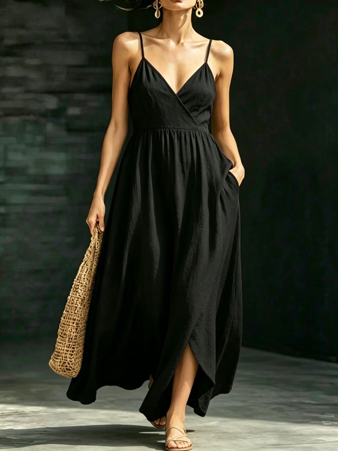 Women's Summer Backless Strap Pocket Elegant Long Dress