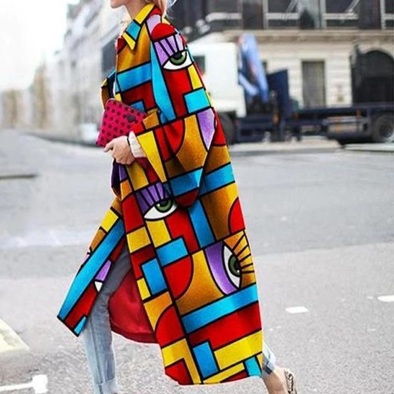 Women's Long Bell Sleeve Printed Loose Trench Coats