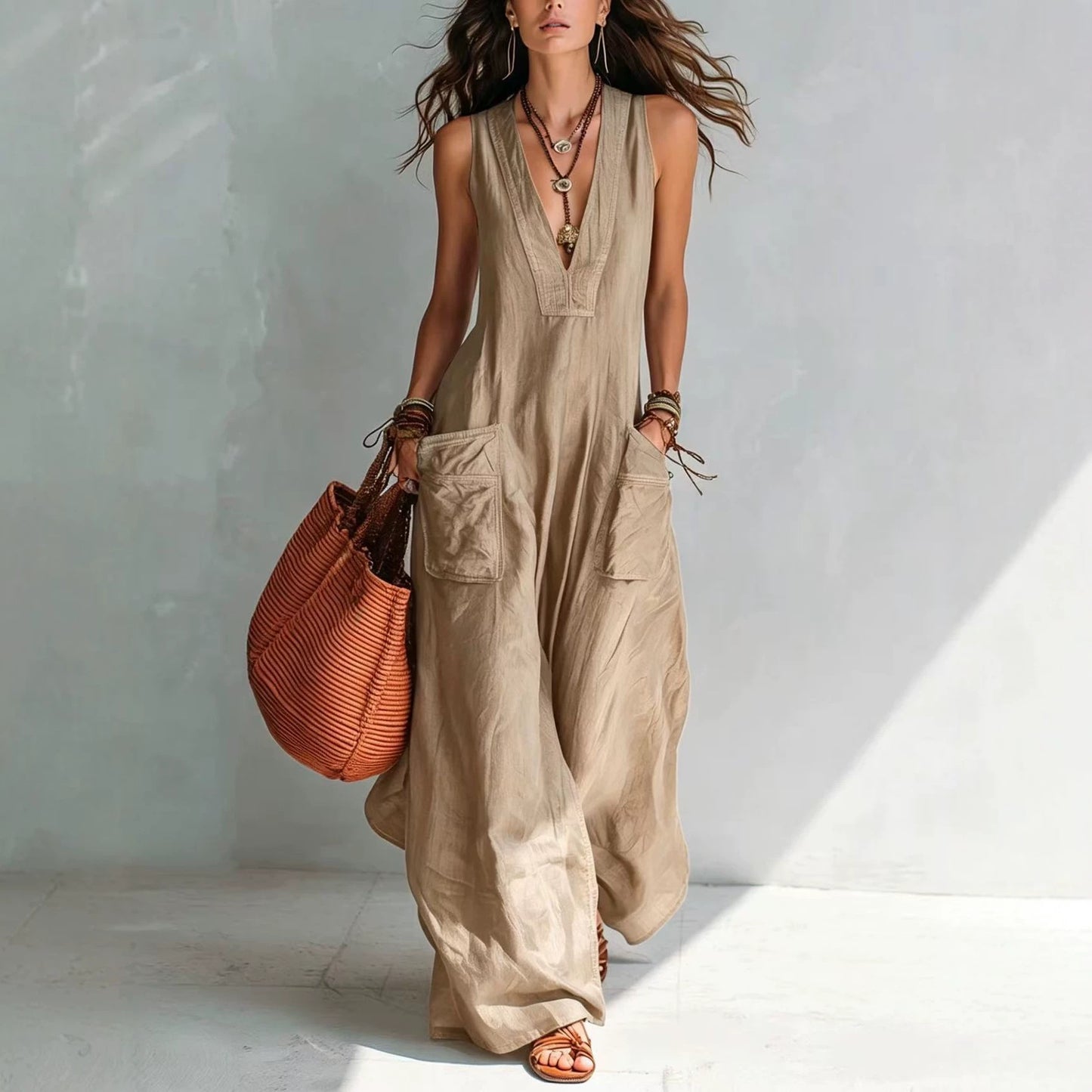Solid Color Temperament Large Loose Pockets Jumpsuits