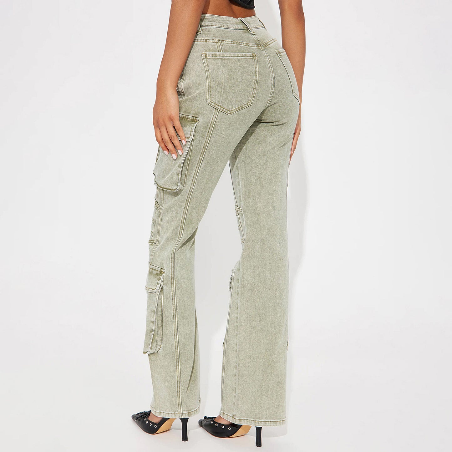 Women's High Waist Denim Cargo Bags Stretch Washed Women's Jeans