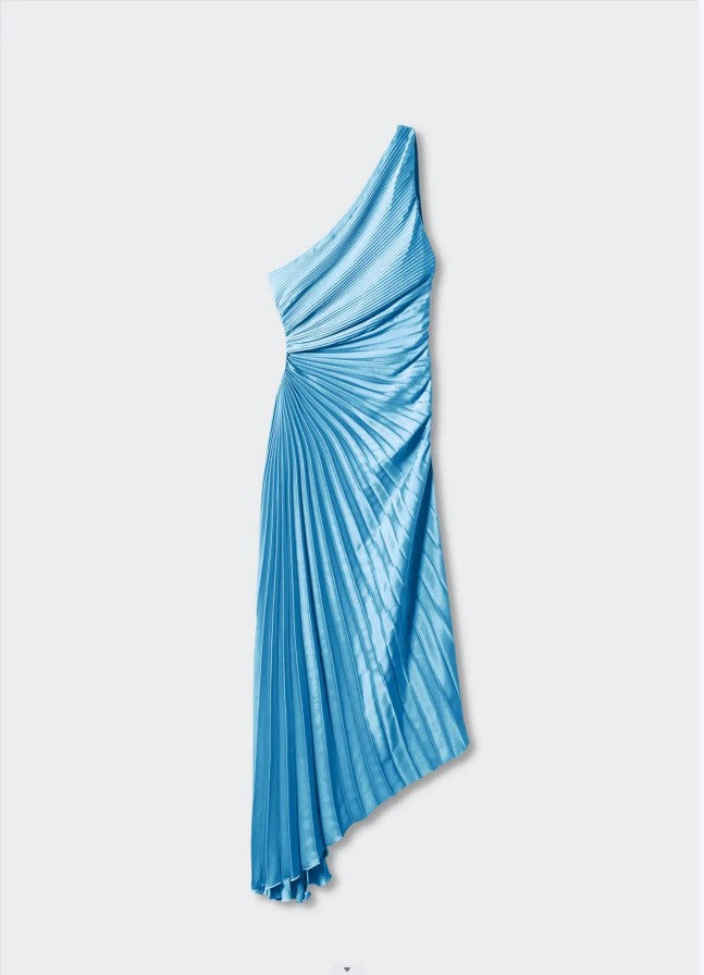 Women's Diagonal Collar Pleated Hollow Dress Satin Dresses