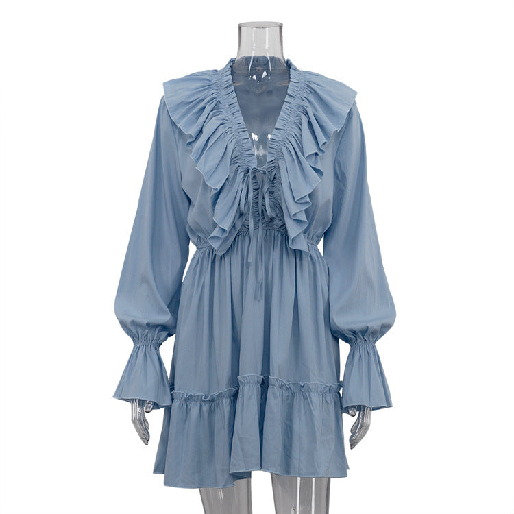 Women's Fashionable Pleating Bell Sleeve Ruffled White Dress Spring Dresses