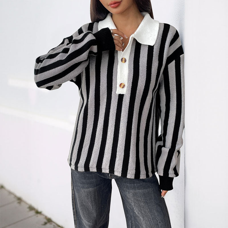 Women's Unisex Style Vertical Striped Lapel Knitted Sweaters