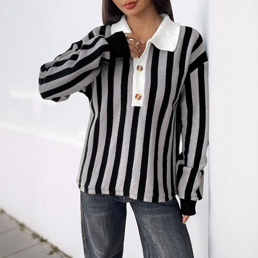Women's Unisex Style Vertical Striped Lapel Knitted Sweaters