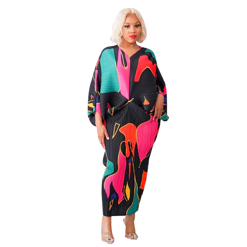 Women's Polyester Batwing Sleeve Pleated Printed Dress Dresses