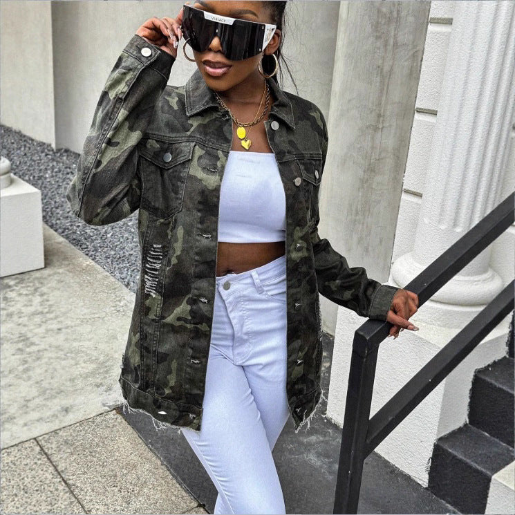 Women's Button Camouflage Raw Hem Ripped Denim Jackets